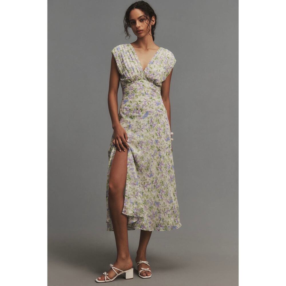 NWT ASTR the Label Floral Pleated Bodice Midi Dress Green Lavender Size L